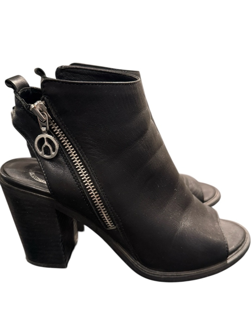 Black Leather Open-Toe Block Heel with Side Zip